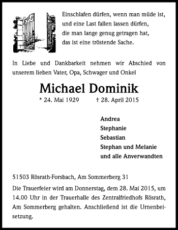 Anzeige von Michael Dominik von Kölner Stadt-Anzeiger / Kölnische Rundschau / Express