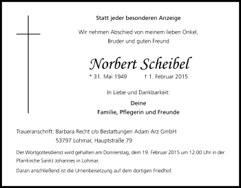 Anzeige von Norbert Scheibel von Kölner Stadt-Anzeiger / Kölnische Rundschau / Express