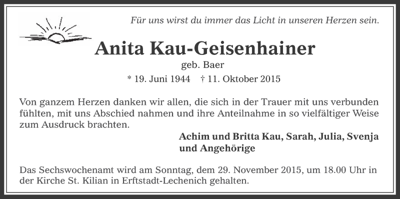  Traueranzeige für Anita Kau-Geisenhainer vom 18.11.2015 aus  Werbepost 