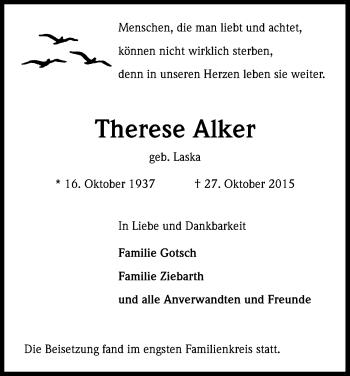 Anzeige von Therese Alker von Kölner Stadt-Anzeiger / Kölnische Rundschau / Express