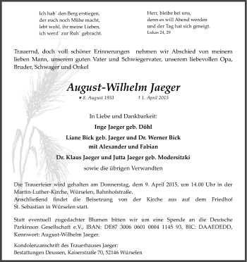 Anzeige von August-Wilhelm Jaeger von Kölner Stadt-Anzeiger / Kölnische Rundschau / Express