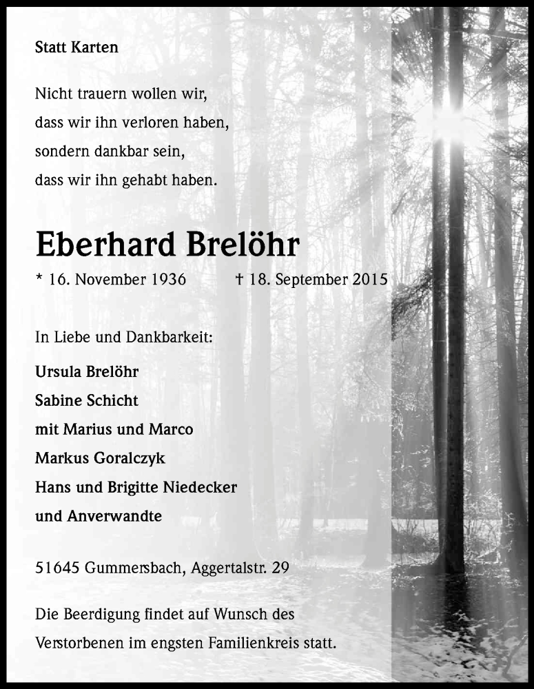  Traueranzeige für Eberhard Brelöhr vom 22.09.2015 aus Kölner Stadt-Anzeiger / Kölnische Rundschau / Express