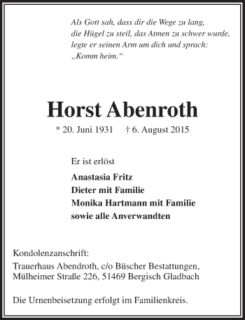 Anzeige von Horst Abenroth von  Bergisches Sonntagsblatt 