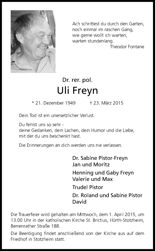  Traueranzeige für Uli Freyn vom 28.03.2015 aus Kölner Stadt-Anzeiger / Kölnische Rundschau / Express