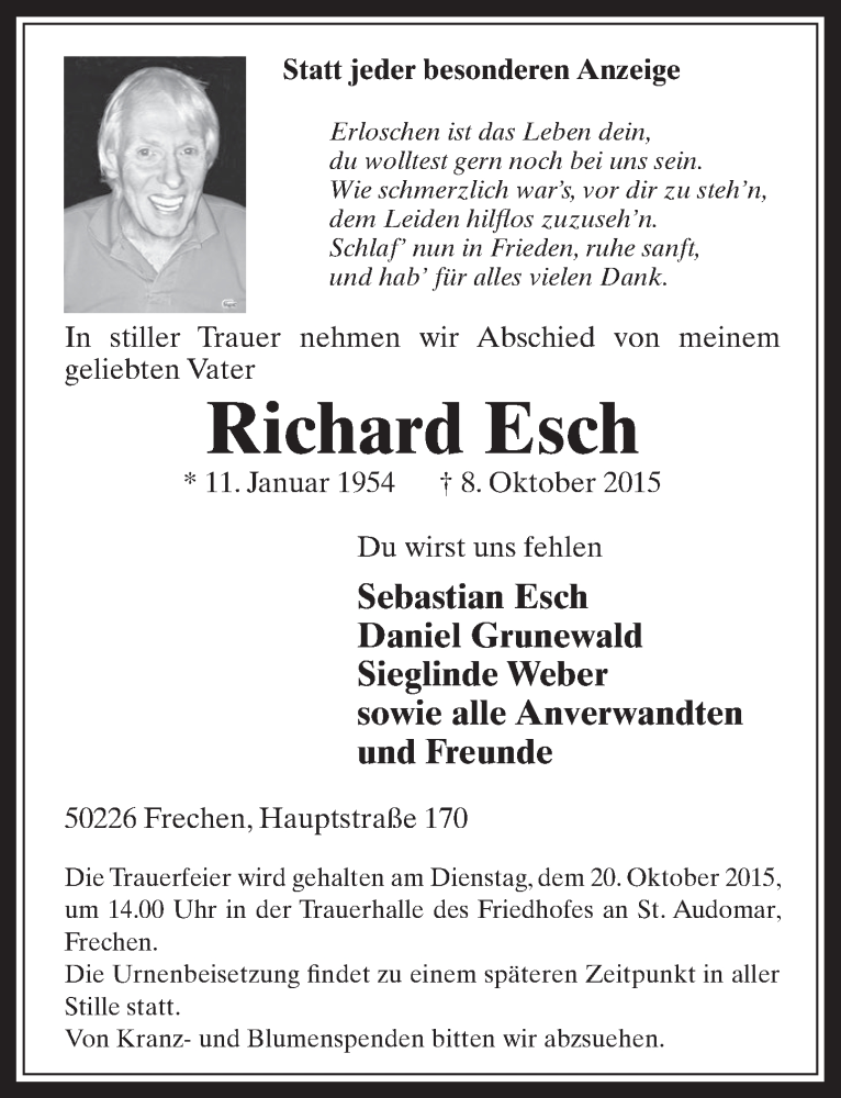  Traueranzeige für Richard Esch vom 14.10.2015 aus  Wochenende 
