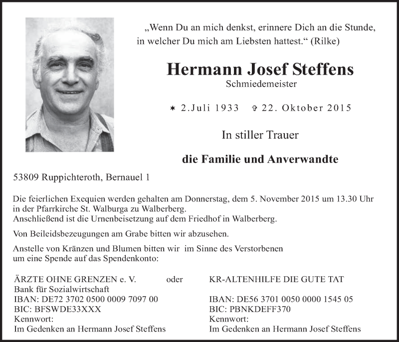  Traueranzeige für Hermann Josef Steffens vom 28.10.2015 aus  Schlossbote/Werbekurier 