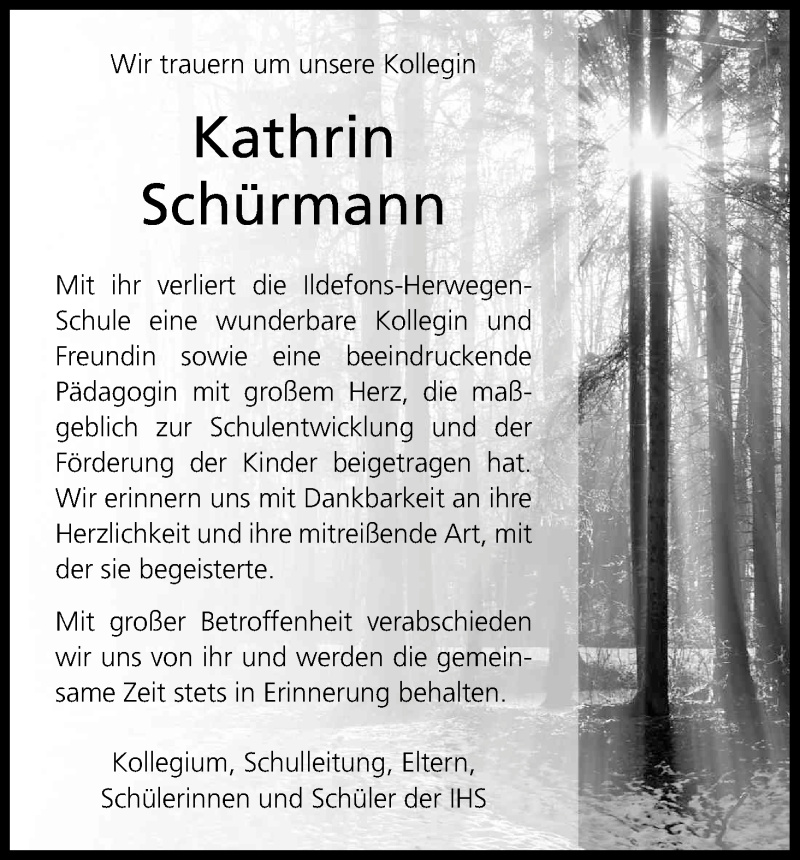  Traueranzeige für Kathrin Schürmann vom 28.11.2015 aus Kölner Stadt-Anzeiger / Kölnische Rundschau / Express