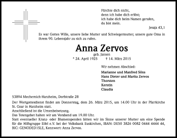 Anzeige von Anna Zervos von Kölner Stadt-Anzeiger / Kölnische Rundschau / Express