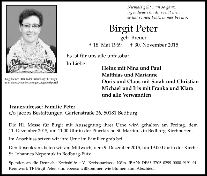  Traueranzeige für Birgit Peter vom 05.12.2015 aus Kölner Stadt-Anzeiger / Kölnische Rundschau / Express