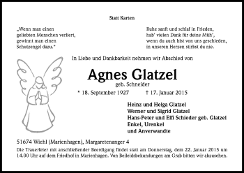 Anzeige von Agnes Glatzel von Kölner Stadt-Anzeiger / Kölnische Rundschau / Express