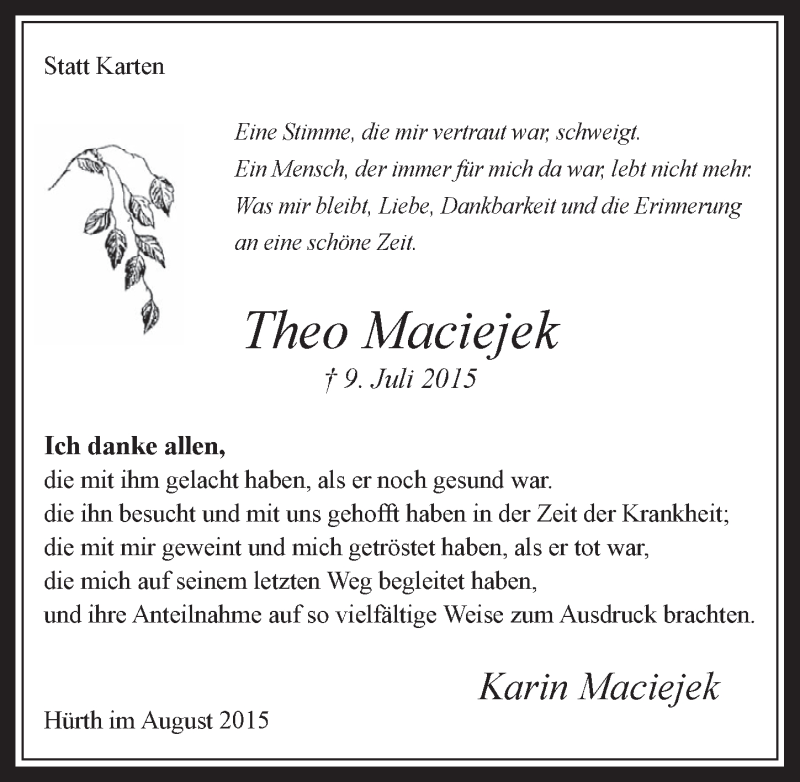  Traueranzeige für Theo Maciejek vom 05.08.2015 aus  Wochenende 