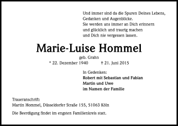 Anzeige von Marie-Luise Hommel von Kölner Stadt-Anzeiger / Kölnische Rundschau / Express