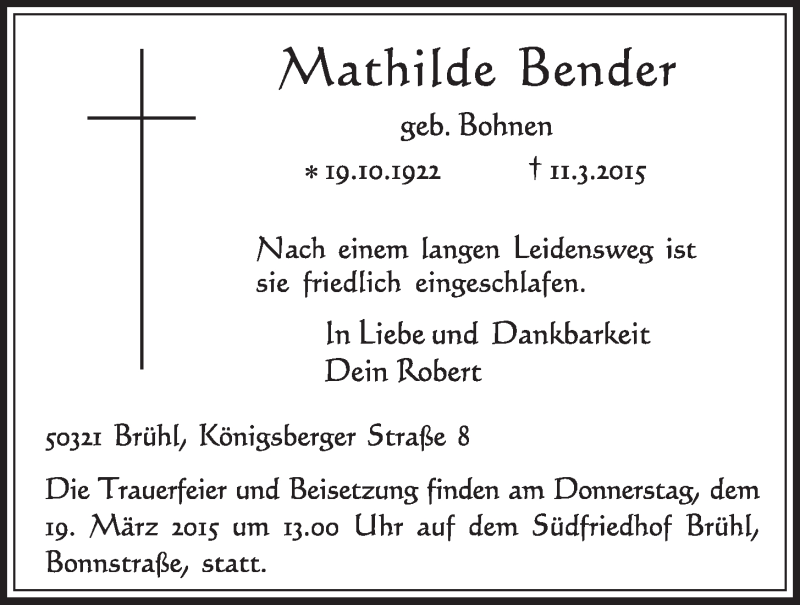  Traueranzeige für Mathilde Bender vom 18.03.2015 aus  Schlossbote/Werbekurier 
