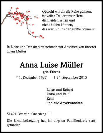 Anzeige von Anna Luise Müller von Kölner Stadt-Anzeiger / Kölnische Rundschau / Express
