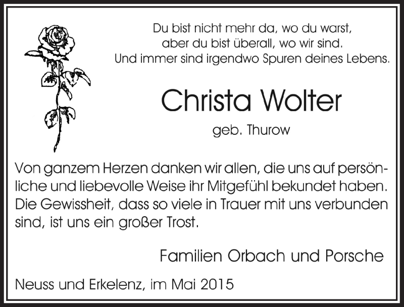  Traueranzeige für Christa Wolter vom 20.05.2015 aus  Anzeigen Echo 