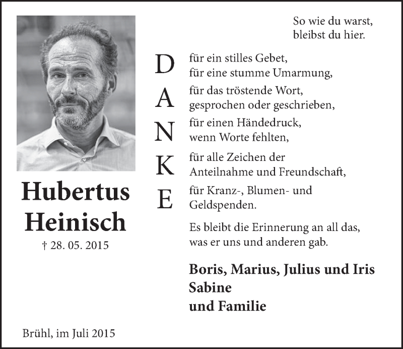  Traueranzeige für Hubertus Heinisch vom 08.07.2015 aus  Schlossbote/Werbekurier 