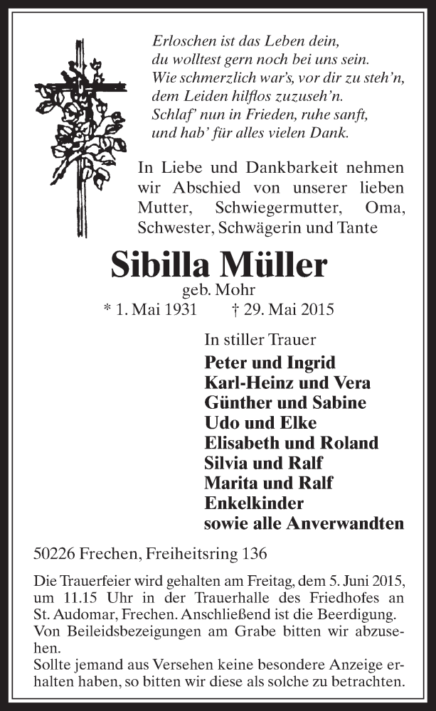  Traueranzeige für Sibilla Müller vom 03.06.2015 aus  Wochenende 