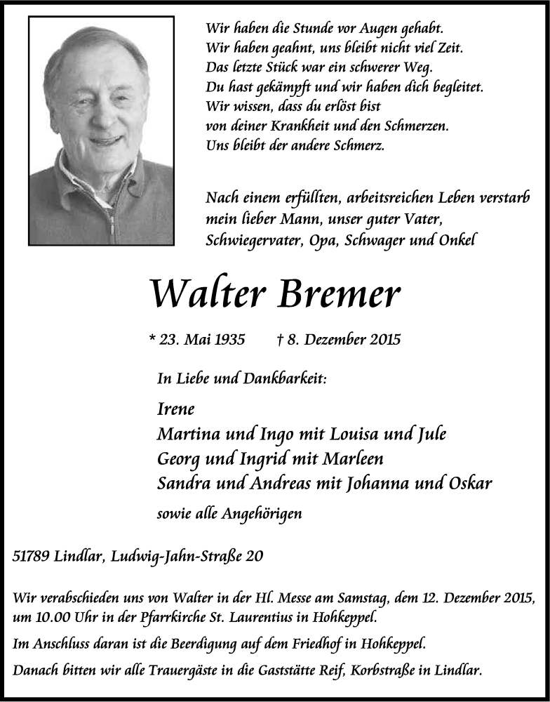  Traueranzeige für Walter Bremer vom 10.12.2015 aus Kölner Stadt-Anzeiger / Kölnische Rundschau / Express