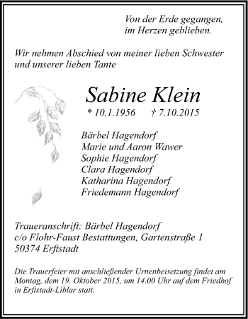 Anzeige von Sabine Klein von Kölner Stadt-Anzeiger / Kölnische Rundschau / Express