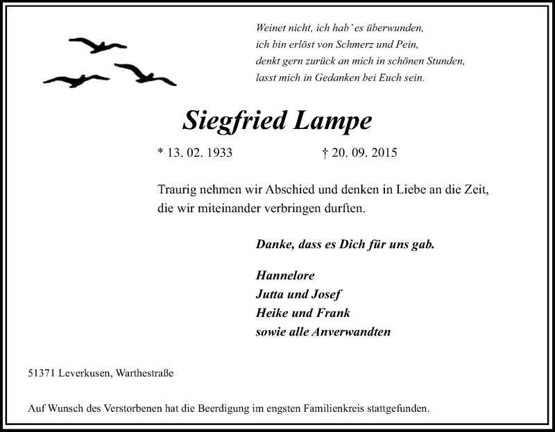  Traueranzeige für Siegfried Lampe vom 01.10.2015 aus Kölner Stadt-Anzeiger / Kölnische Rundschau / Express