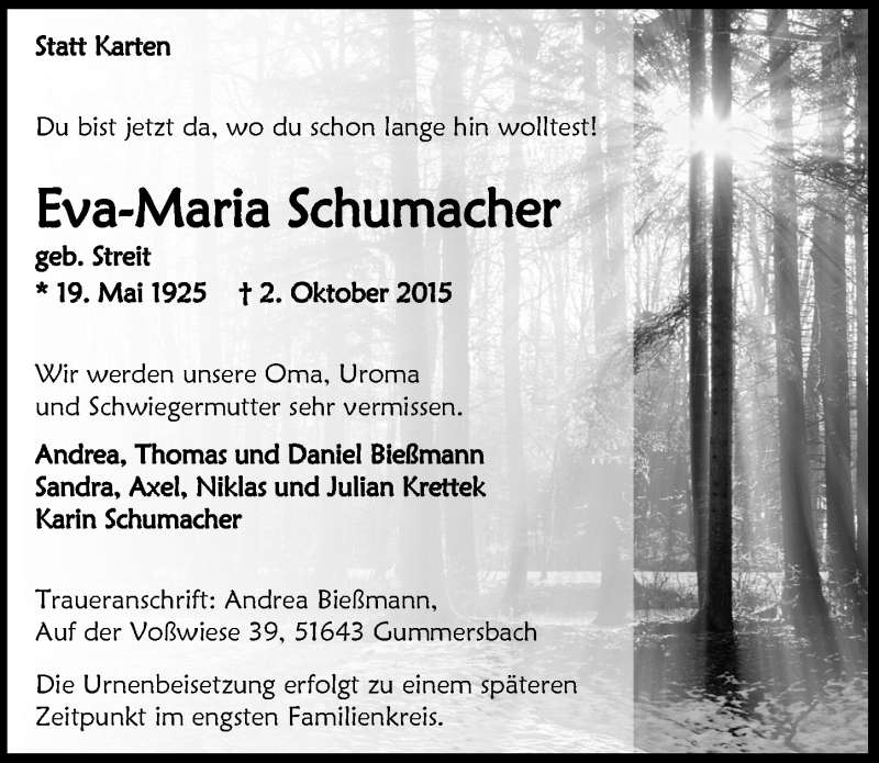  Traueranzeige für Eva-Maria Schumacher vom 04.11.2015 aus  Anzeigen Echo 