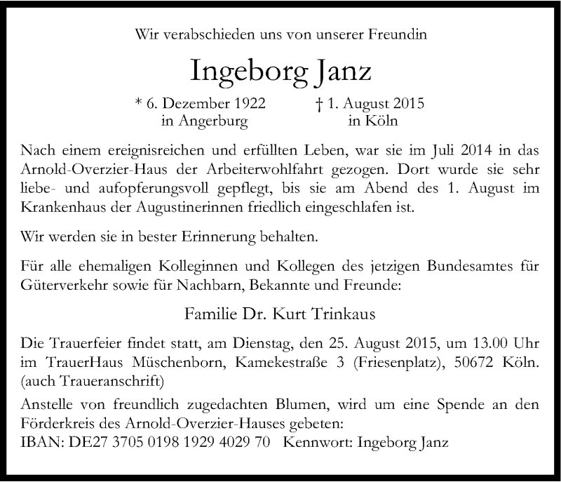 Traueranzeige für Ingeborg Janz vom 08.08.2015 aus Kölner Stadt-Anzeiger / Kölnische Rundschau / Express