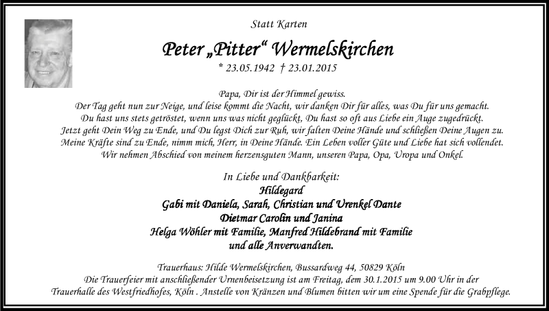  Traueranzeige für Peter Wermelskirchen vom 27.01.2015 aus Kölner Stadt-Anzeiger / Kölnische Rundschau / Express