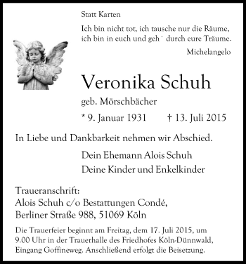 Anzeige von Veronika Schuh von Kölner Stadt-Anzeiger / Kölnische Rundschau / Express