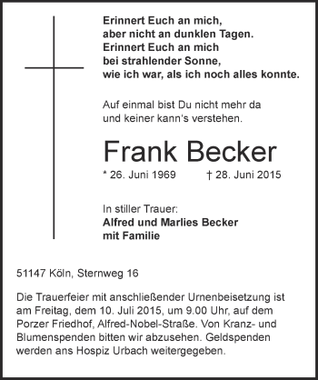 Anzeige von Frank Becker von  Kölner Wochenspiegel 