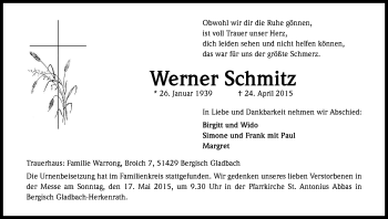Anzeige von Werner Schmitz von Kölner Stadt-Anzeiger / Kölnische Rundschau / Express