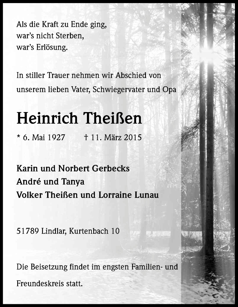  Traueranzeige für Heinrich Theißen vom 14.03.2015 aus Kölner Stadt-Anzeiger / Kölnische Rundschau / Express