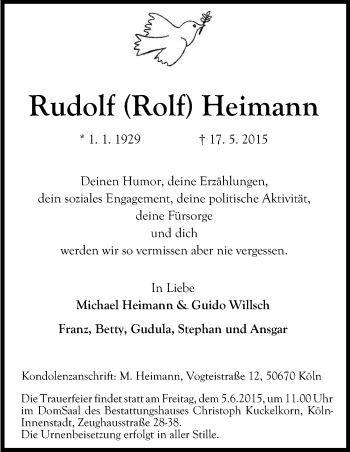 Anzeige von Rudolf Heimann von Kölner Stadt-Anzeiger / Kölnische Rundschau / Express