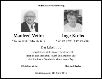 Anzeige von Manfred Vetter Inge Krebs von Kölner Stadt-Anzeiger / Kölnische Rundschau / Express