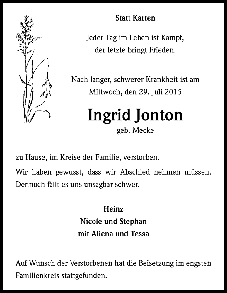  Traueranzeige für Ingrid Jonton vom 07.08.2015 aus Kölner Stadt-Anzeiger / Kölnische Rundschau / Express