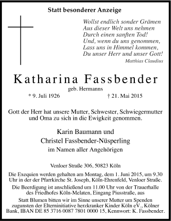 Anzeige von Katharina Fassbender von Kölner Stadt-Anzeiger / Kölnische Rundschau / Express