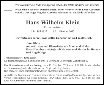 Anzeige von Hans Wilhelm Klein von Kölner Stadt-Anzeiger / Kölnische Rundschau / Express