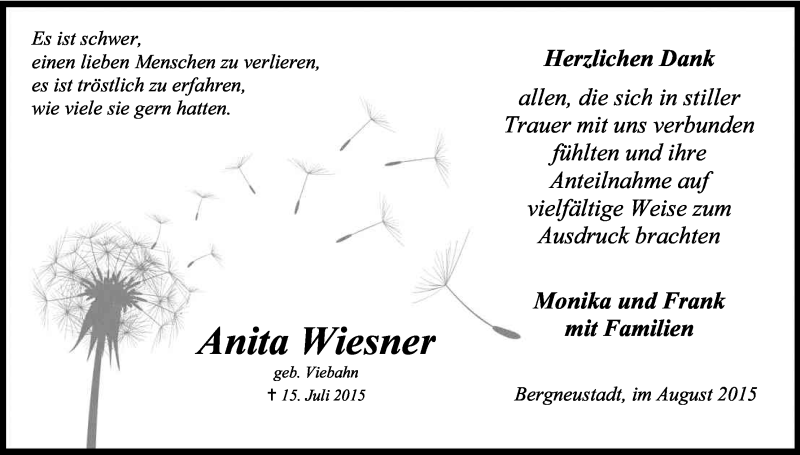  Traueranzeige für Anita Wiesner vom 15.08.2015 aus Kölner Stadt-Anzeiger / Kölnische Rundschau / Express