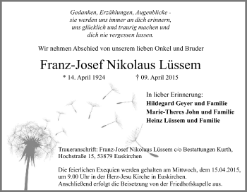 Anzeige von Franz-Josef Nikolaus Lüssem von Kölner Stadt-Anzeiger / Kölnische Rundschau / Express