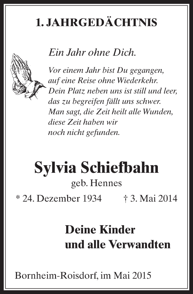  Traueranzeige für Sylvia Schiefbahn vom 06.05.2015 aus  Schaufenster/Blickpunkt 