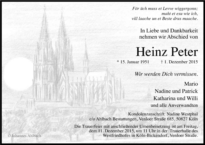  Traueranzeige für Heinz Peter vom 05.12.2015 aus Kölner Stadt-Anzeiger / Kölnische Rundschau / Express