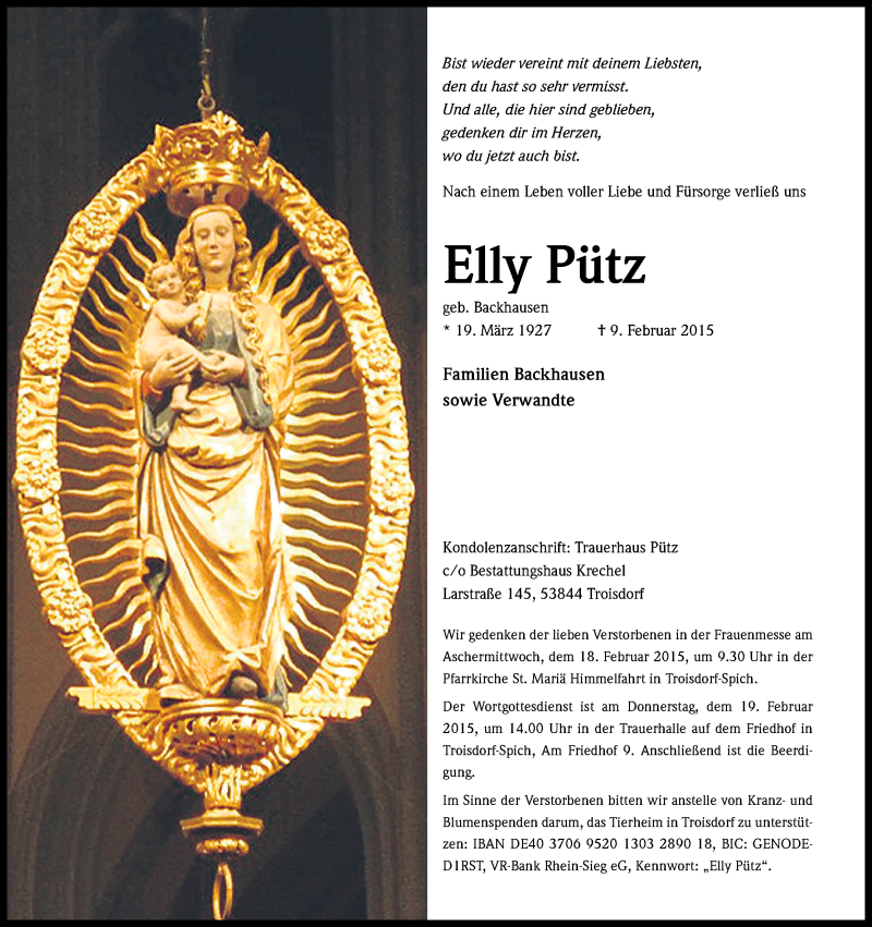 Traueranzeige für Elly Pütz vom 14.02.2015 aus Kölner Stadt-Anzeiger / Kölnische Rundschau / Express
