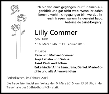 Anzeige von Lilly Commer von Kölner Stadt-Anzeiger / Kölnische Rundschau / Express