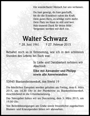Anzeige von Walter Schwarz von Kölner Stadt-Anzeiger / Kölnische Rundschau / Express
