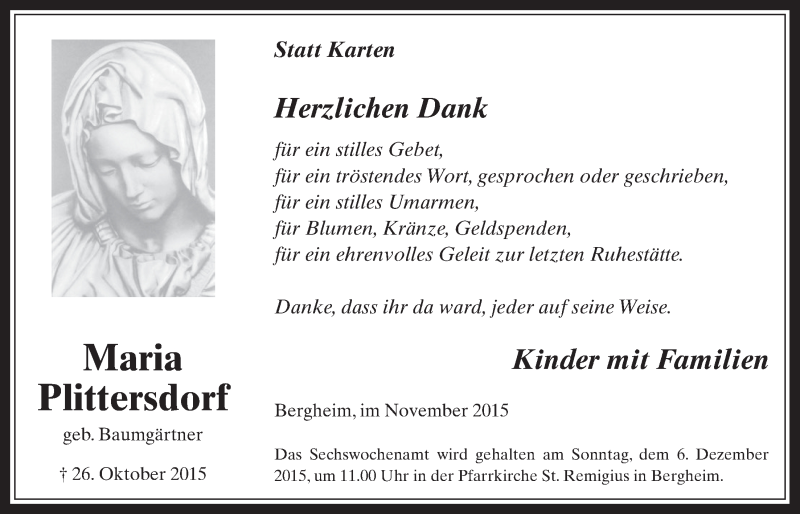  Traueranzeige für Maria Plittersdorf vom 25.11.2015 aus  Werbepost 