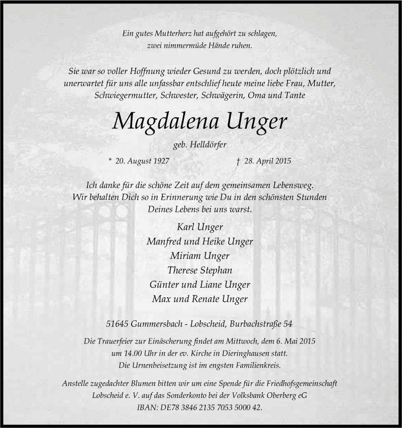  Traueranzeige für Magdalena Unger vom 02.05.2015 aus Kölner Stadt-Anzeiger / Kölnische Rundschau / Express