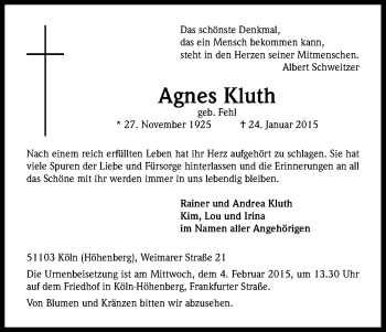 Anzeige von Agnes Kluth von Kölner Stadt-Anzeiger / Kölnische Rundschau / Express