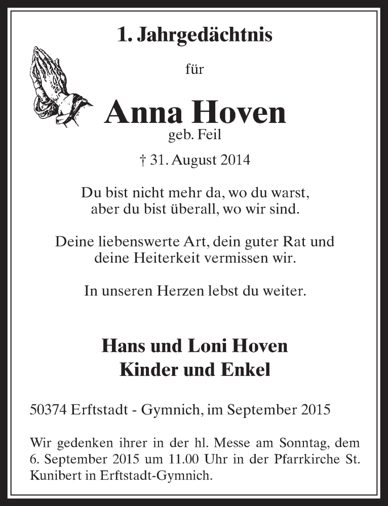  Traueranzeige für Anna Hoven vom 02.09.2015 aus  Werbepost 