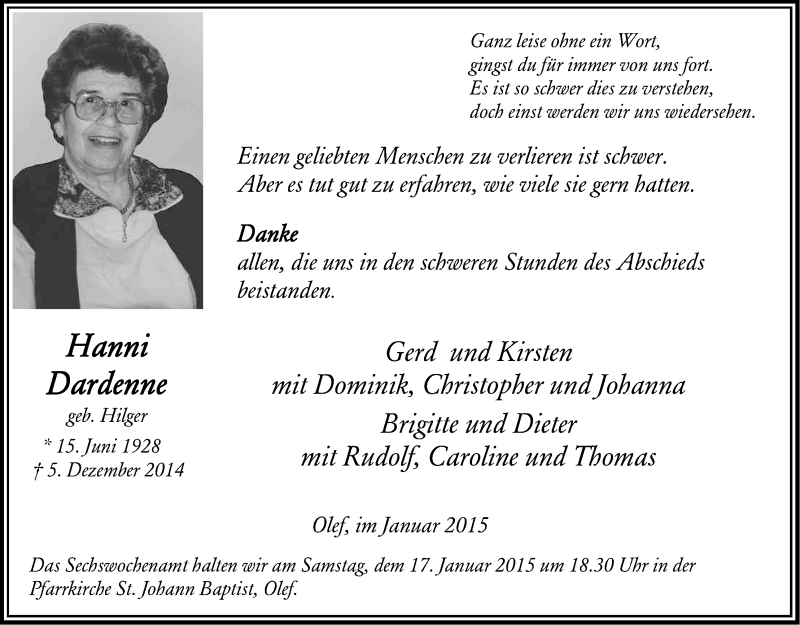  Traueranzeige für Hanni Dardenne vom 14.01.2015 aus Kölner Stadt-Anzeiger / Kölnische Rundschau / Express