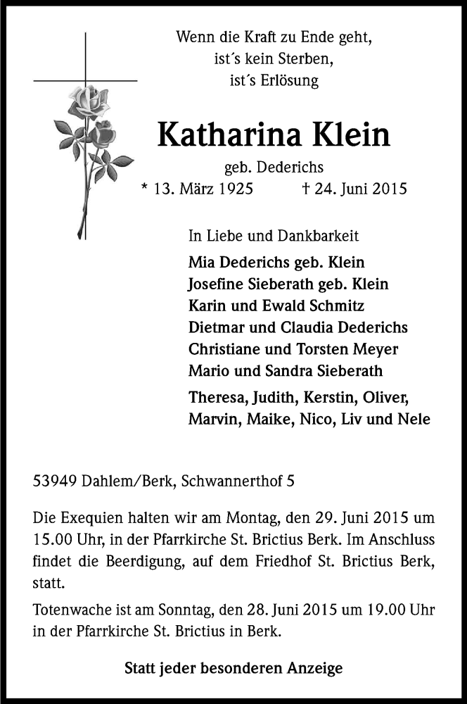  Traueranzeige für Katharina Klein vom 27.06.2015 aus Kölner Stadt-Anzeiger / Kölnische Rundschau / Express