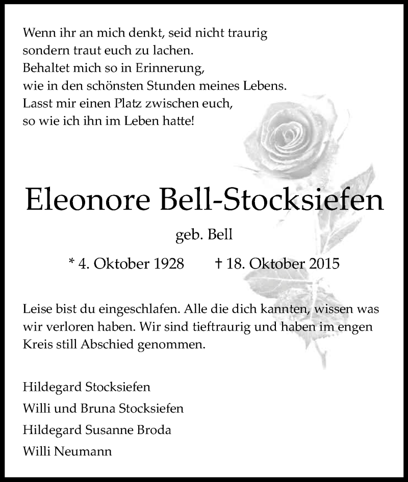  Traueranzeige für Eleonore Bell-Stocksiefen vom 31.10.2015 aus Kölner Stadt-Anzeiger / Kölnische Rundschau / Express